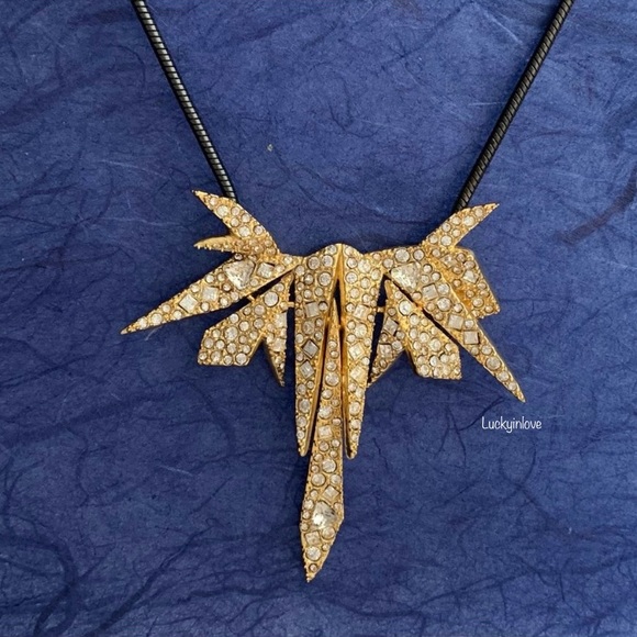 Alexis Bittar Golden Crystal Encrusted Spiked Origami Shards Bib Necklace - Picture 2 of 10